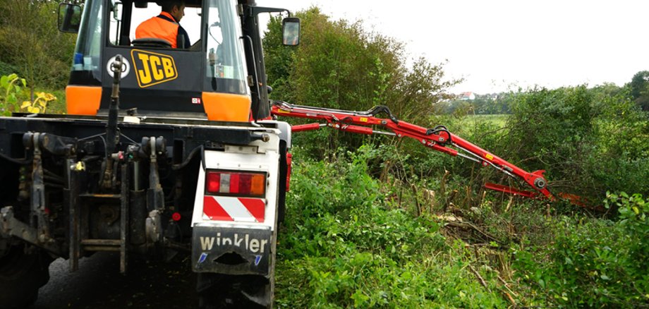 Traktor mit Heckenschere schneitet Hecken