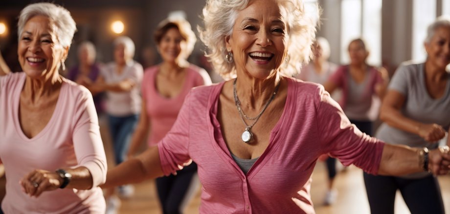 Senior woman dancing in a group zumba dance class, doing fitness, leading active and healthy lifestyle in diverse group. Retirement hobby and leisure activity for elderly people.                      