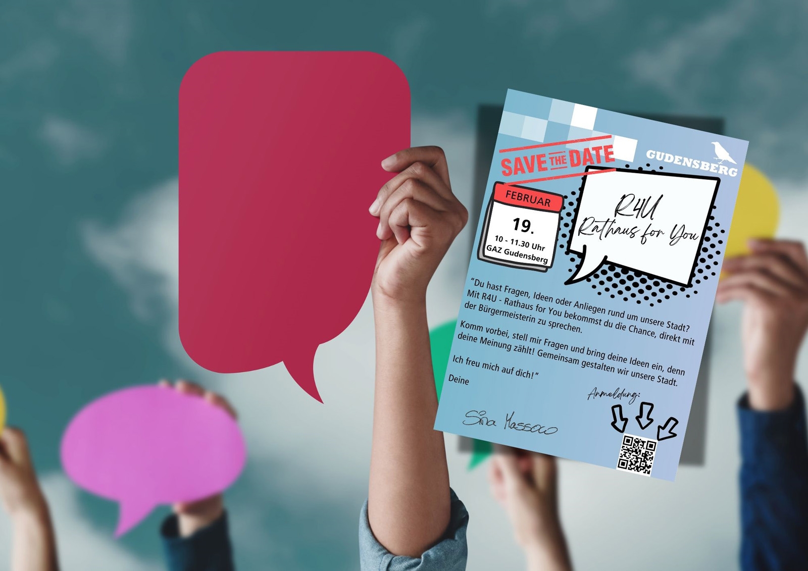 Sprechblasen und Plakat