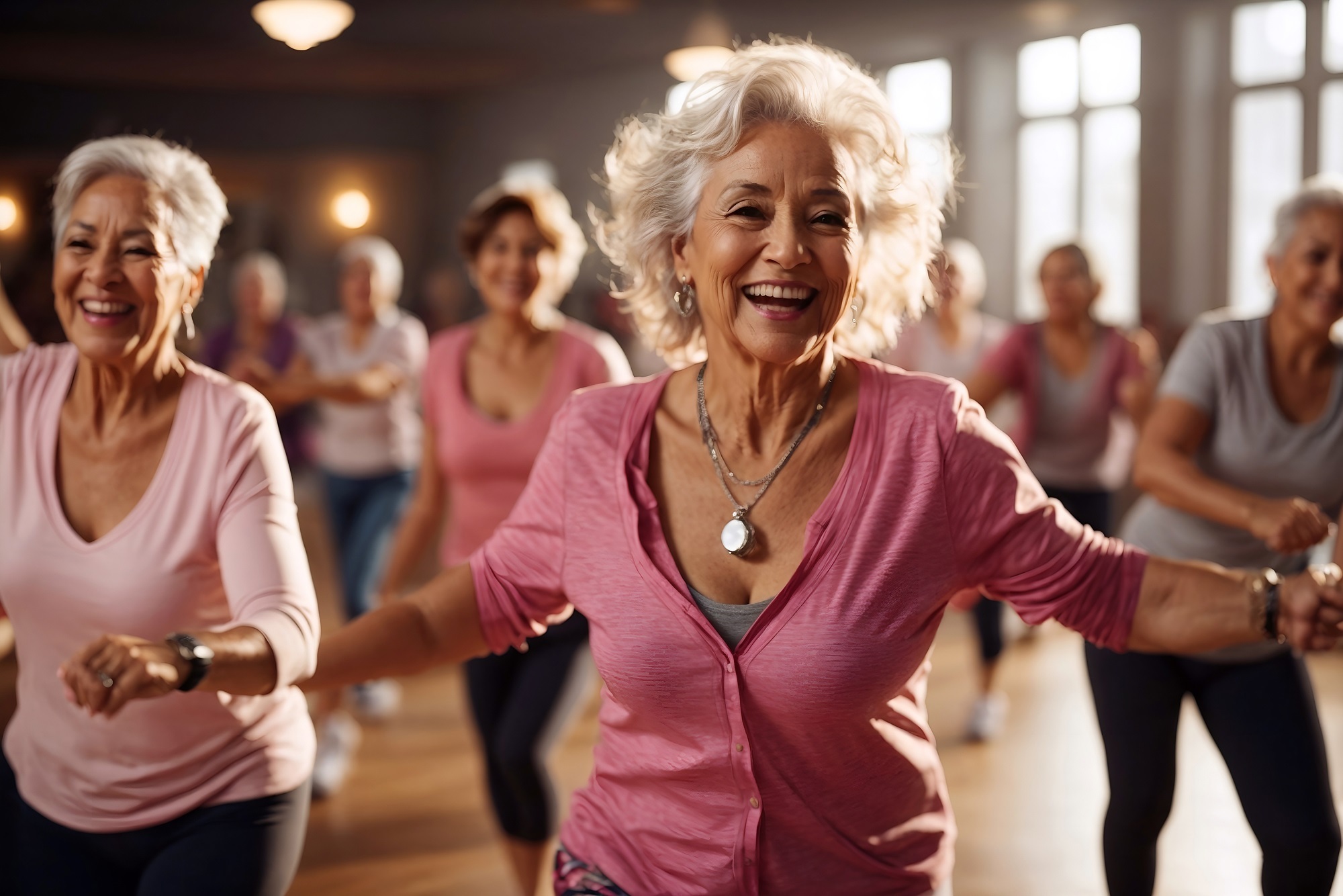 Senior woman dancing in a group zumba dance class, doing fitness, leading active and healthy lifestyle in diverse group. Retirement hobby and leisure activity for elderly people.                      